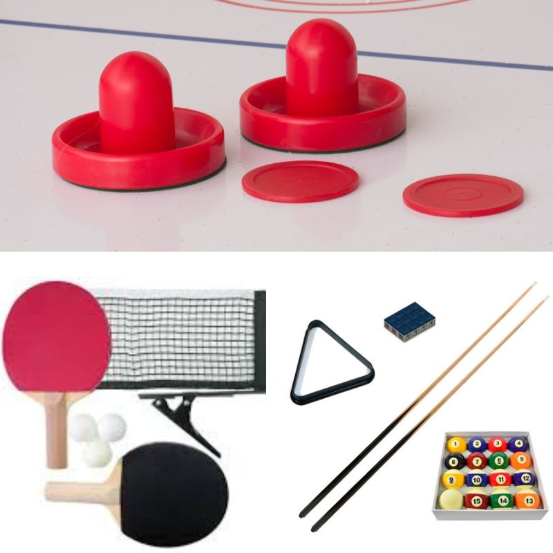 4-in-1 game accessory pack with air hockey strikers, pucks, table tennis set, billiard balls, cues, and chalk.