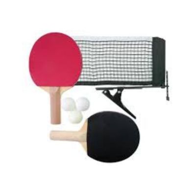 Table tennis set with red and black paddles, net, and three white ping pong balls.