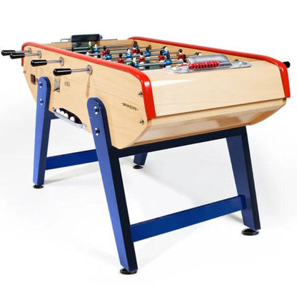 Babyfoot B60 ITSF foosball table with blue legs, wooden cabinet, and red trim