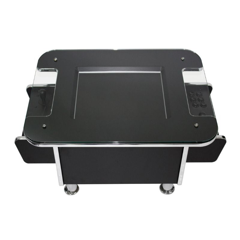Black cocktail arcade table with joystick, buttons, and glass top for retro gaming