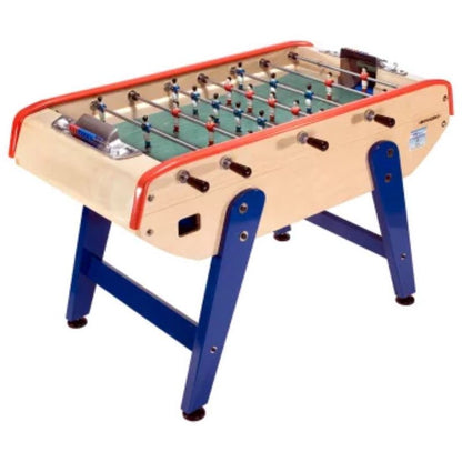 Wooden foosball table with blue legs, green field and red trim for indoor soccer game